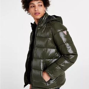 Guess brand Mens Hooded Puffer mid-weight Coat XXL-Olive, Like New